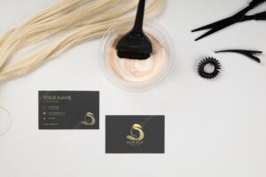 Hair extensions and business card above view