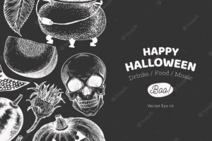 Halloween banner template.  hand drawn illustrations on chalk board.  with pumpkins, scull, cauldron and sunflower retro style.