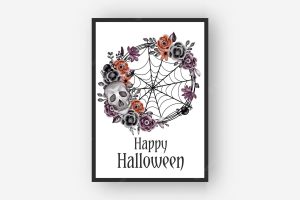 Halloween flower wreath with skull and spider watercolor illustration