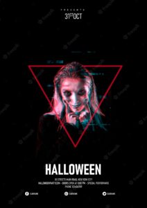 Halloween make-up woman in a triangle and glitch effect
