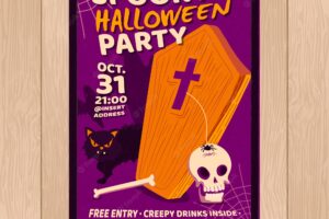 Halloween party poster with coffin