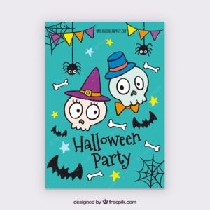Halloween party poster with hand drawn skulls