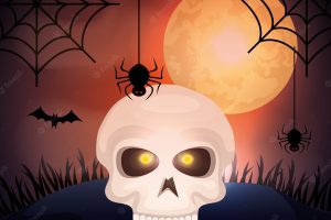 Halloween skull with moon and bats flying