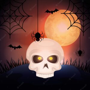 Halloween skull with moon and bats flying