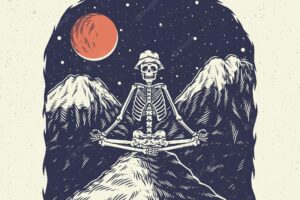 Hand drawing illustration skeleton skull, the concept from skeleton yoga with background mountain the night.