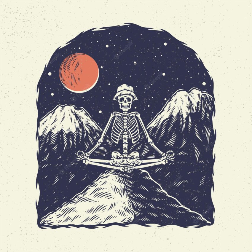 Hand drawing illustration skeleton skull, the concept from skeleton yoga with background mountain the night.