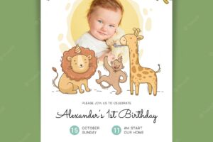 Hand drawn animals birthday invitation template with photo