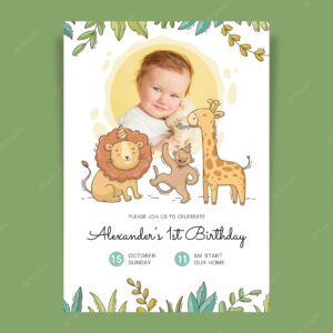 Hand drawn animals birthday invitation template with photo