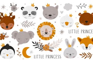 Hand drawn baby shower collection with animals and branches decor elements for nursery