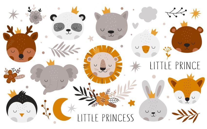 Hand drawn baby shower collection with animals and branches decor elements for nursery