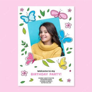 Hand drawn butterfly birthday invitation with photo template