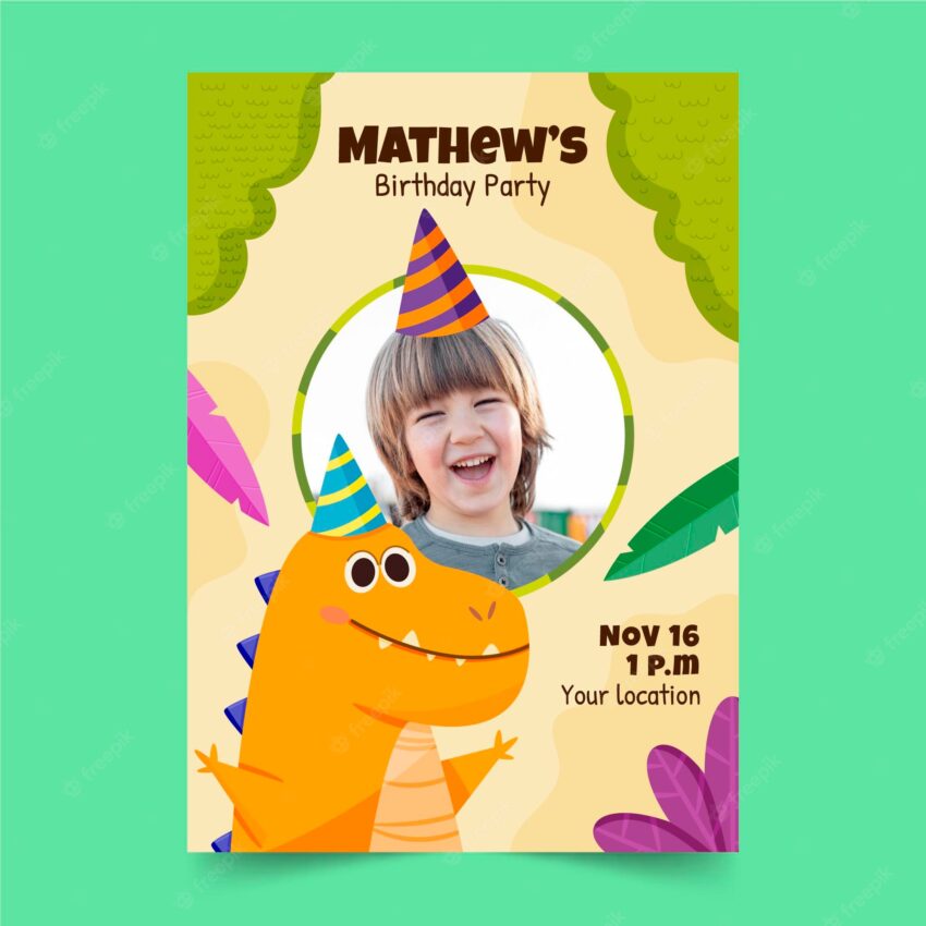 Hand drawn dinosaur birthday invitation template with photo