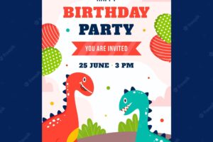 Hand drawn dinosaur vertical birthday invitation template