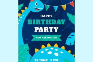 Hand drawn dinosaur vertical birthday invitation template