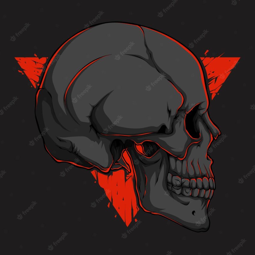 Hand drawn grey human skull head from side view against orange triangle