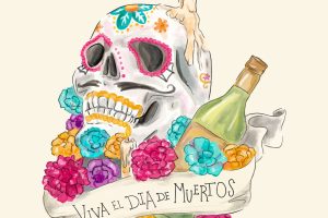 Hand drawn skull, bottle and flowers