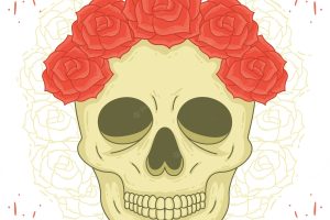 Hand drawn skull roses background with flowers