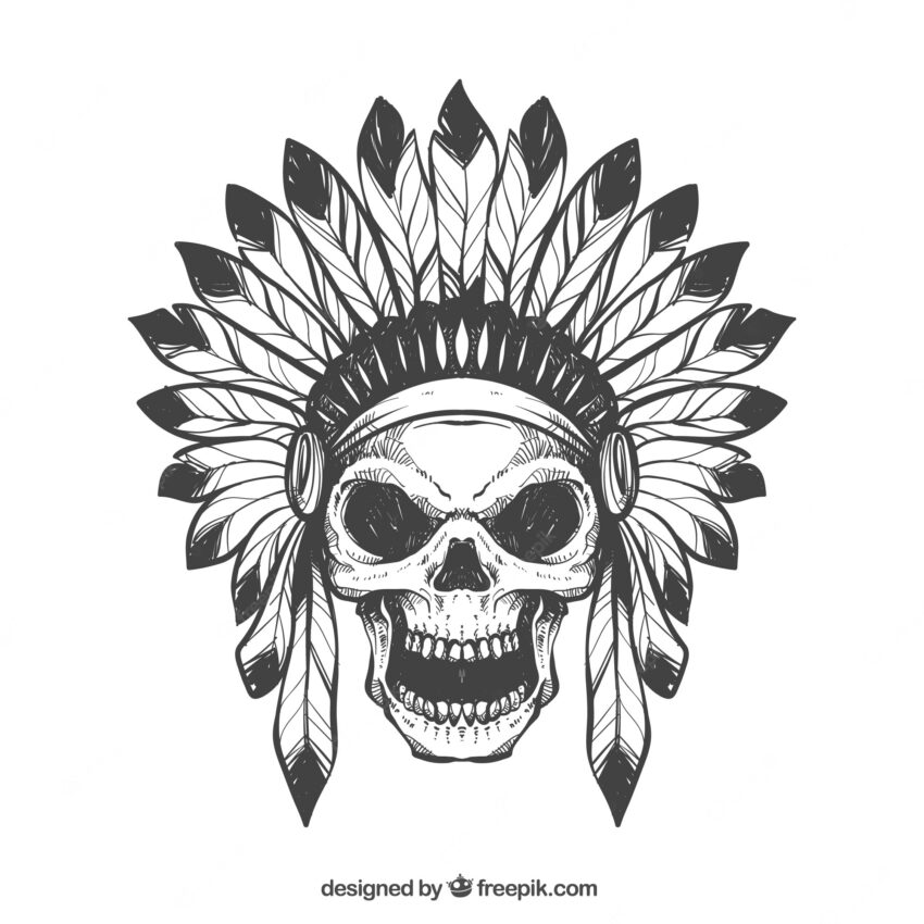 Hand drawn skull with feathers hat