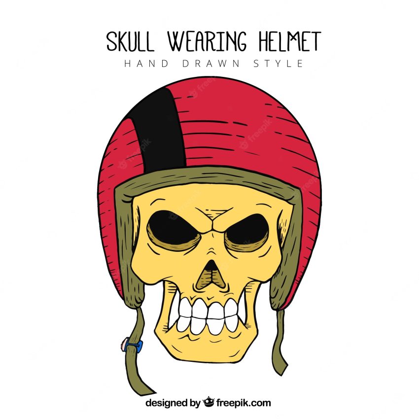 Hand drawn skull with red helmet