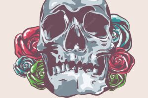 Hand drawn skull with roses