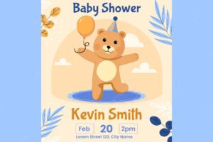 Hand drawn teddy bear baby shower invitation