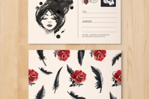 Hand painted postcard with roses and feathers