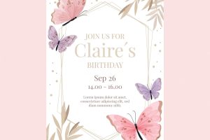 Hand painted watercolor butterfly birthday invitation template