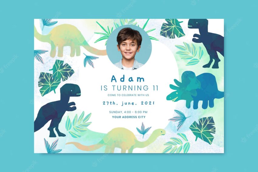 Hand painted watercolor dinosaur birthday invitation template with photo