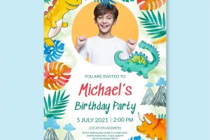 Hand painted watercolor dinosaur birthday invitation template with photo
