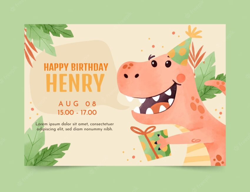 Hand painted watercolor dinosaur birthday invitation template