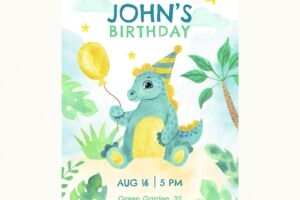 Hand painted watercolor dinosaur birthday invitation template