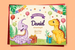 Hand painted watercolor dinosaur birthday invitation