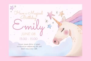 Hand painted watercolor unicorn birthday invitation template