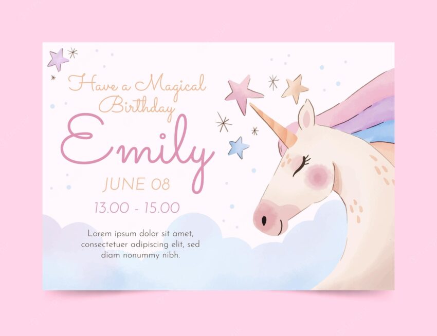 Hand painted watercolor unicorn birthday invitation template