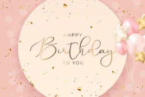 Happy birthday congratulations banner design with confetti balloons and glossy glitter ribbon