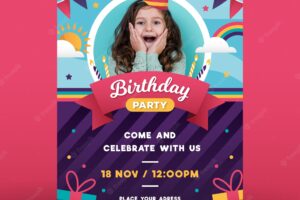 Happy childrens birthday invitation template with photo