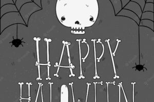 Happy halloween background with skull and hand drawn cobwebs