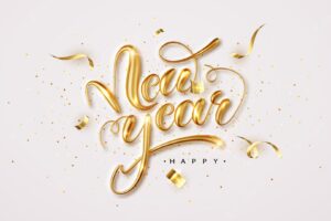 Happy new year elegant congratulation with 3d realistic gold metal lettering