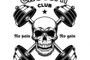 Hard athletic gym. crossfit vintage emblem, bodybuilder skull with barbells