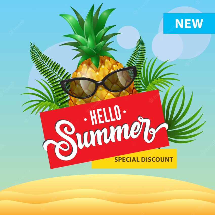 Hello summer, new special discount poster with cartoon pineapple in sunglasses, palm leaves
