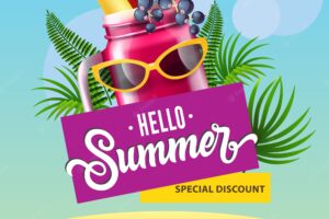 Hello summer special discount poster with mug of berry smoothie, sunglasses, tropical leaves
