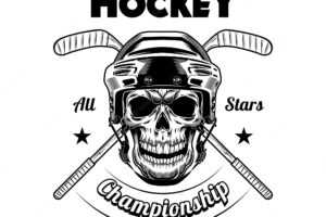 Hockey player skull vector illustration. head pf skeleton in helmet, crossed sticks, championship text. sport or fan community concept for emblems and labels templates