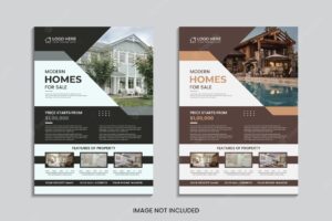 Home for sale flyer design with abstract shapes and data.