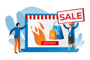 Hot sale at shop advertising discount at store vector illustration low price for special offer man woman people character shopping business promo