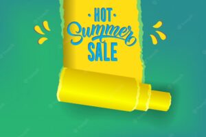 Hot summer sale promotion banner in yellow, blue and green colors.