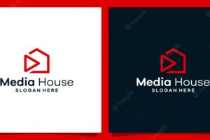 House building logo design template with play video button logo design premium vector