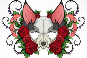 Illustration of animal skull with roses and ornaments