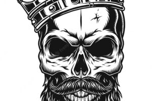 Illustration of black and white skull in crown with beard