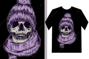 Illustration and t-shirt design  skull with winter hat and scarf