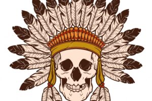 Indian skull with hand drawn feathers